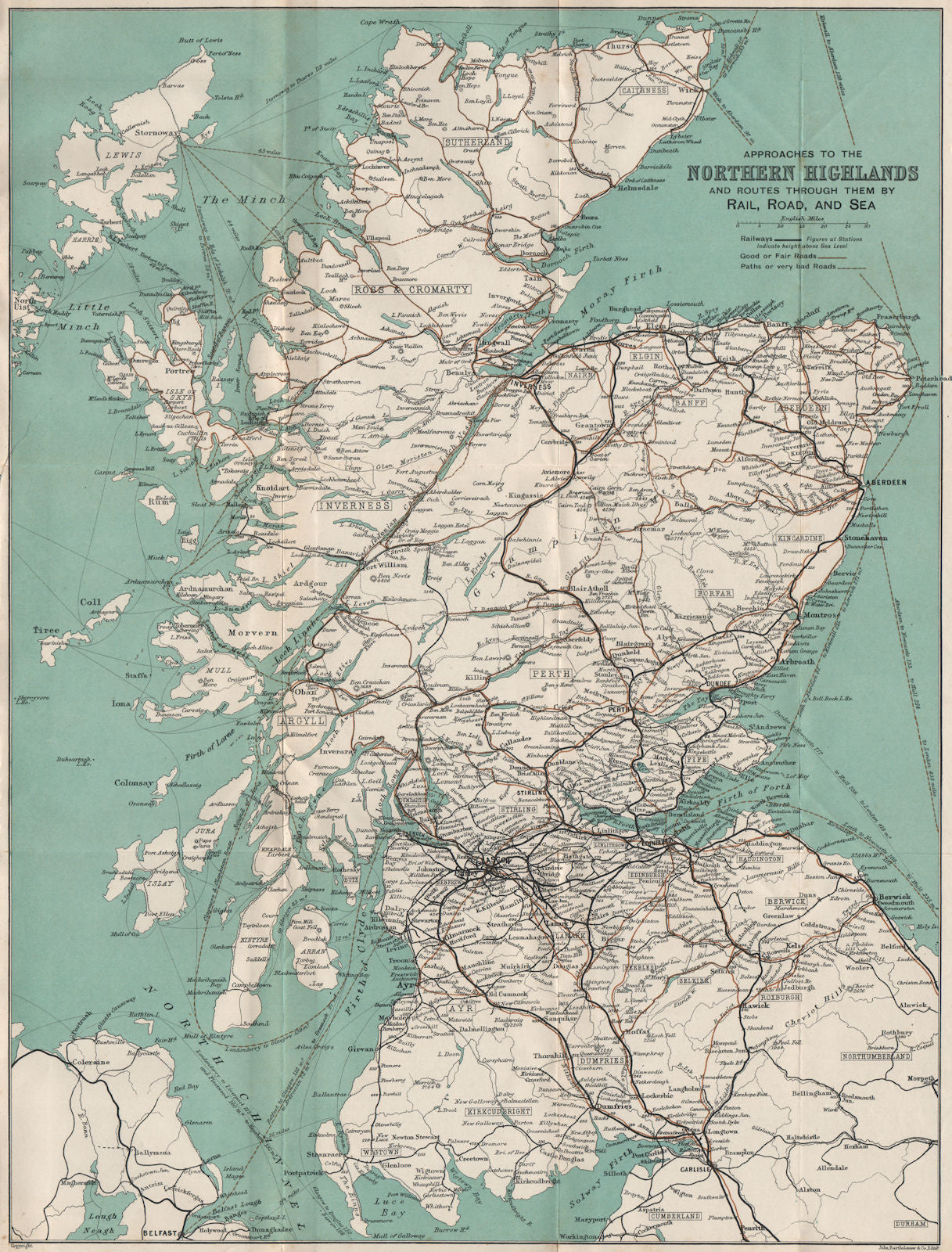 SCOTLAND & HIGHLANDS Rail, Road, and Sea routes. BARTHOLOMEW 1911 old map
